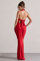 Red Satin Cowl-Neck Maxi Dress